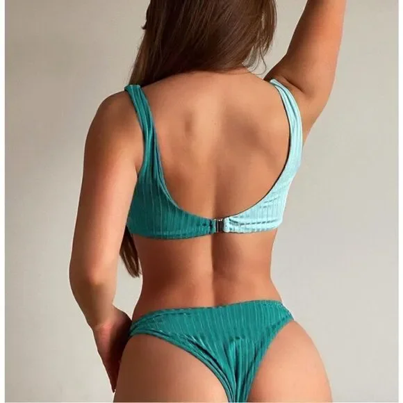 Two Tone Ribbed O-Ring Bikini Bathing Suit Swim